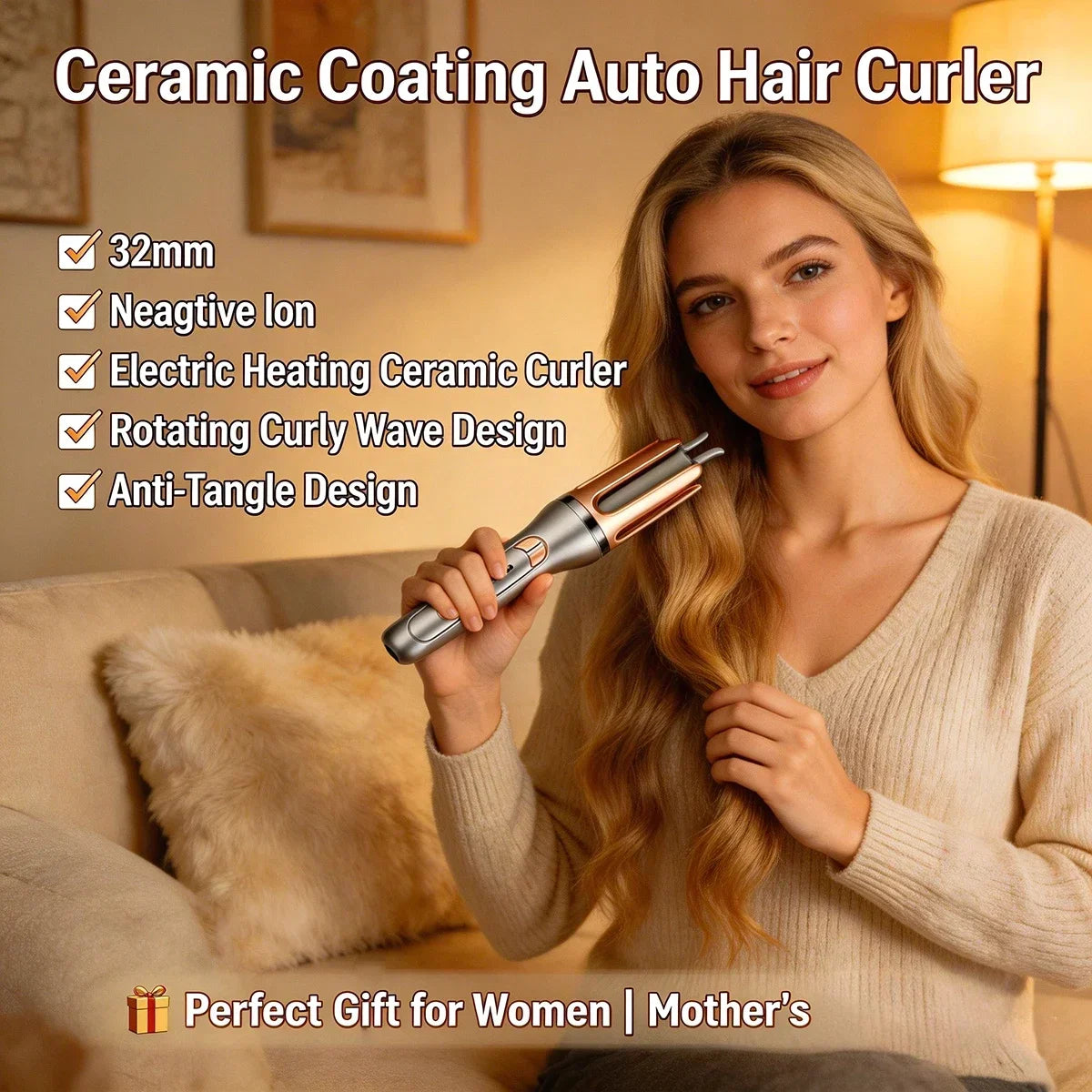 Automatic Curling Iron 32mm Ceramic Hair Curler Negative Ion Rotating Curling Wand Anti Tangle Hair Styling Tool