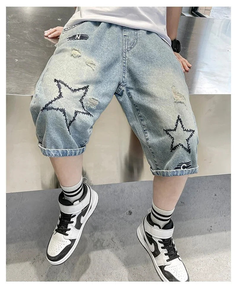 Boys Straight Denim Shorts Summer Children Casual Wide-leg Knee Length Pants Teenage Jean Short Trousers Kids Clothing 5-14 Year
