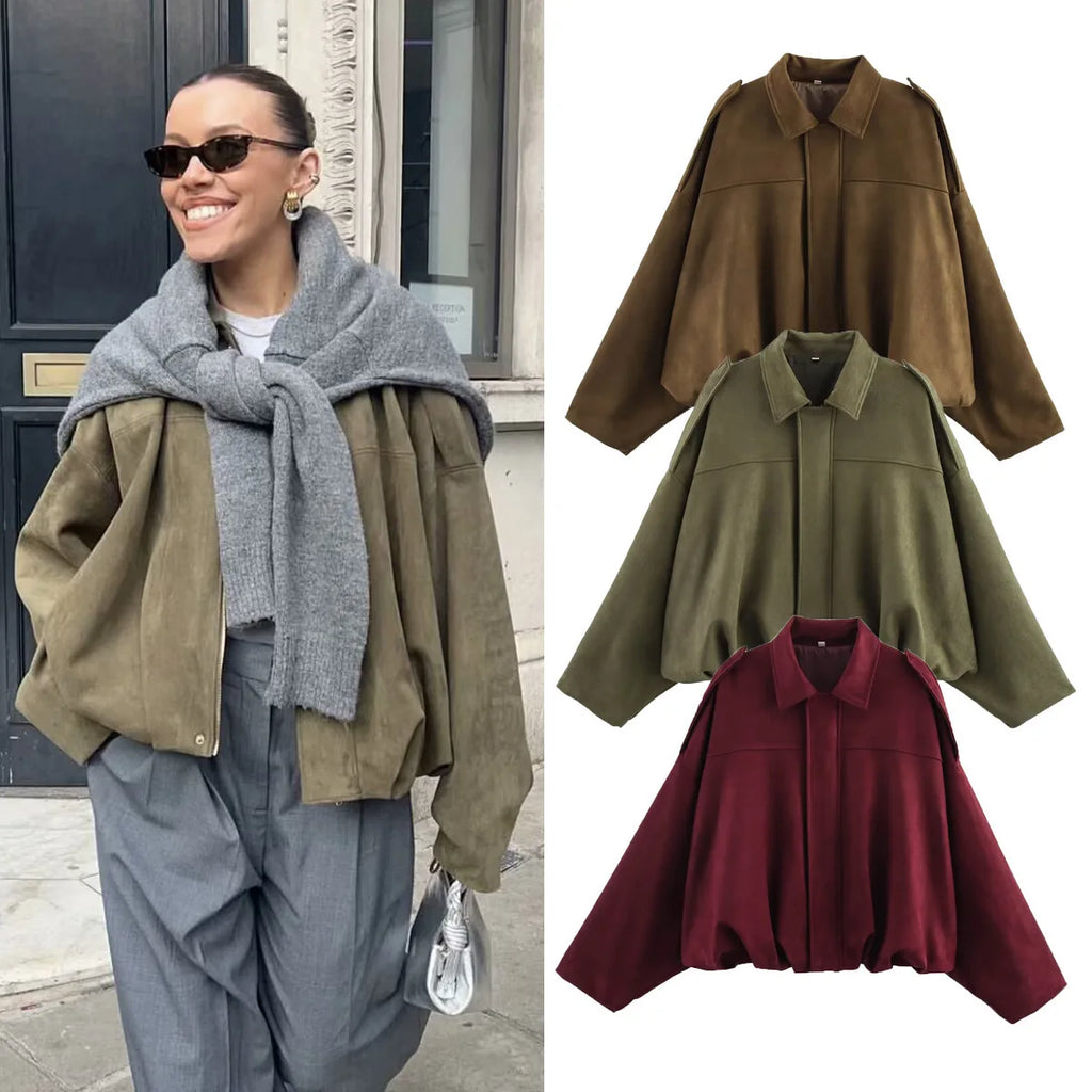 Women Bomber Jackets Suede Texture Coats Fashion Turn-down Collar Long Sleeve Loose Vintage Female Outerwear Chic Top Streetwear