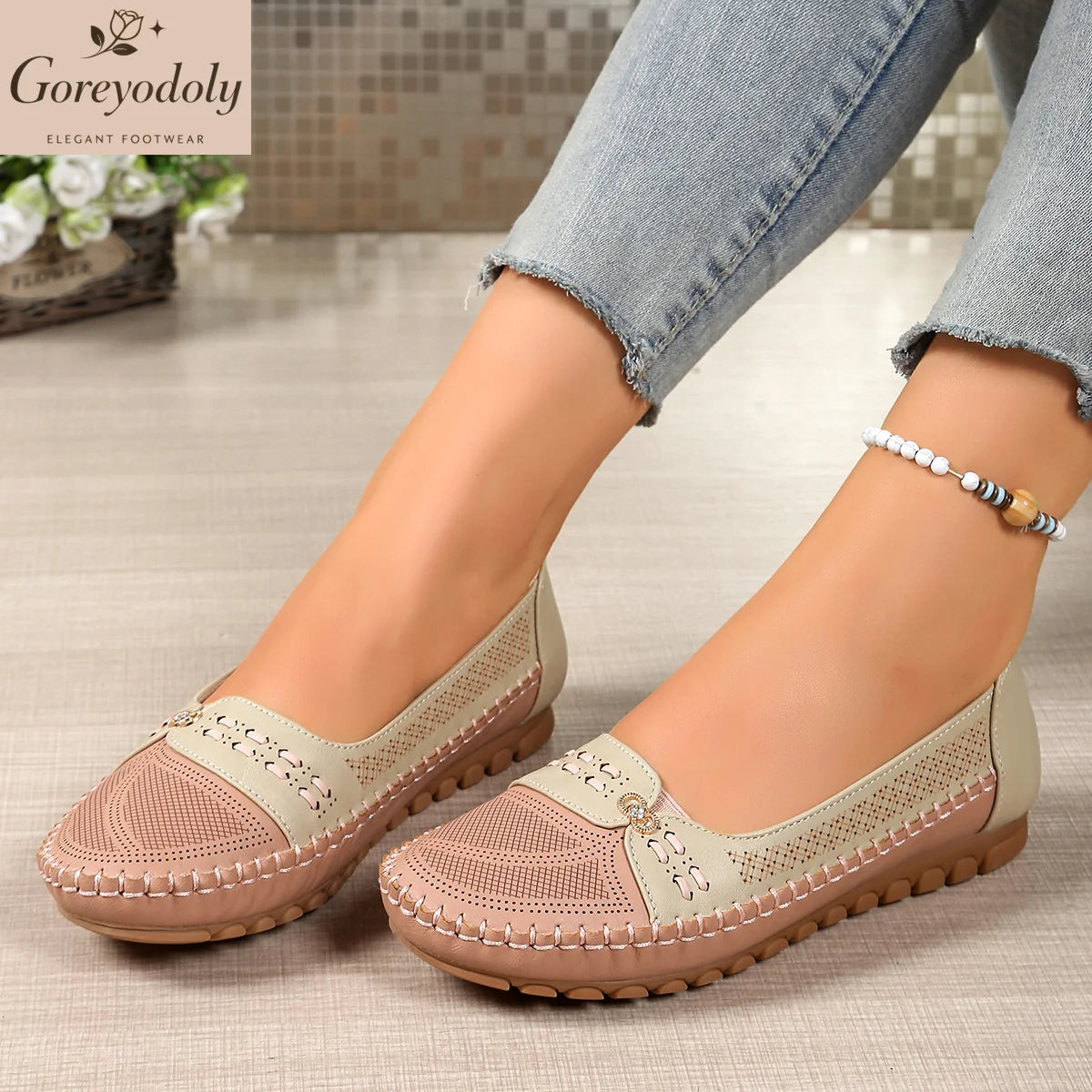 goreyodoly Women Slip On Loafers Wide Fit Comfortable Flats Lightweight Breathable Colorblock Shoes Chain Detail Durable Rubber