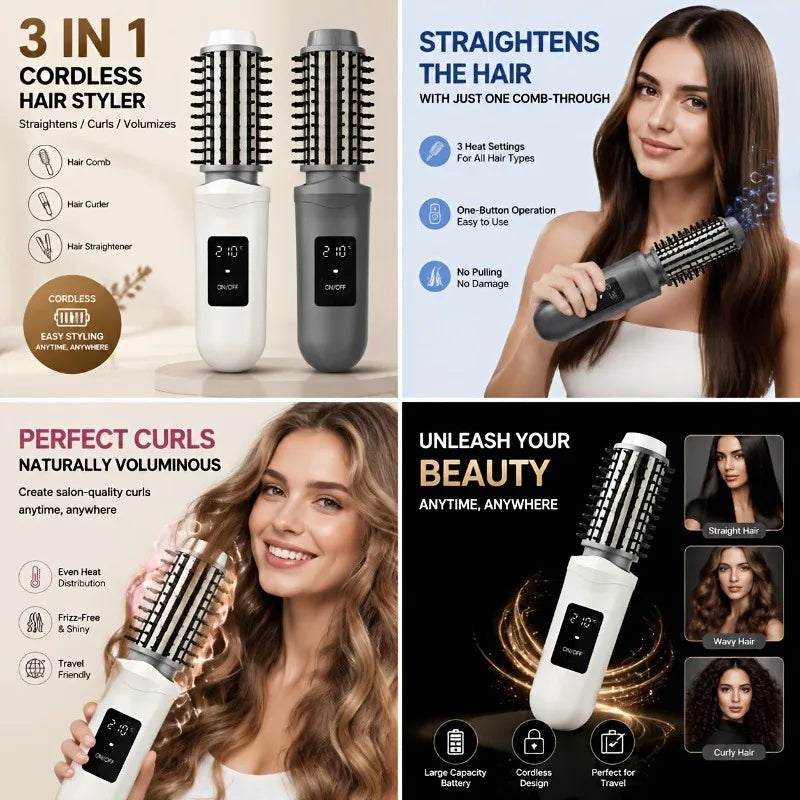 1PC 2600mAh Portable Hair Straightening Comb Dormitory Essential Dual Use Straightening Curling Non-damaging Wireless Negative