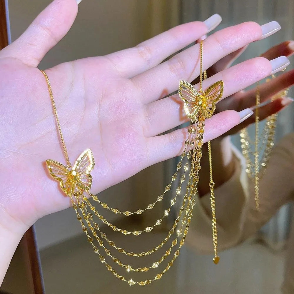 24K real gold hollow butterfly lace tassel necklace for women 9999 light luxury niche fashion high-end collarbone chain