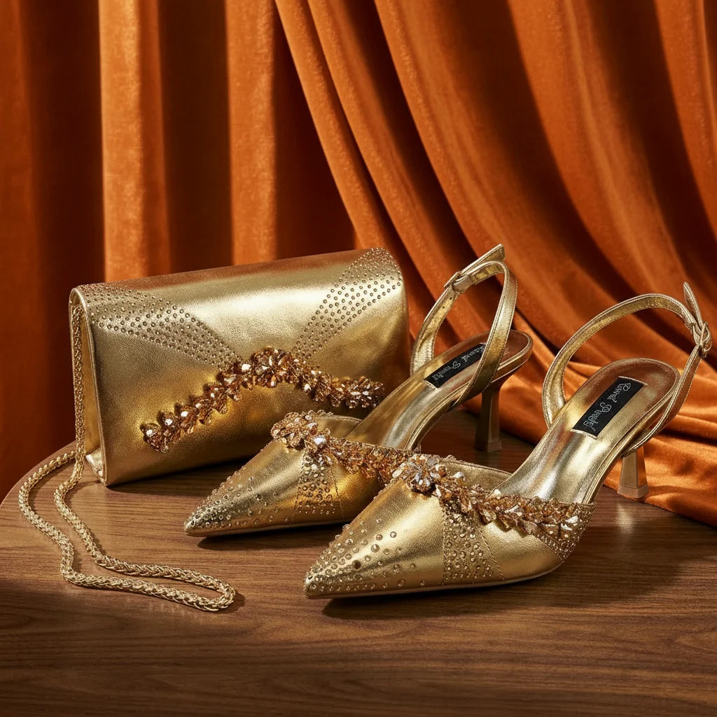 2026 Italian Inspired Gold Rhinestone HAND CRAFTED UPPER Pointed Toe Women High Heels Shoes and Bag Set Elegant Party Shoes