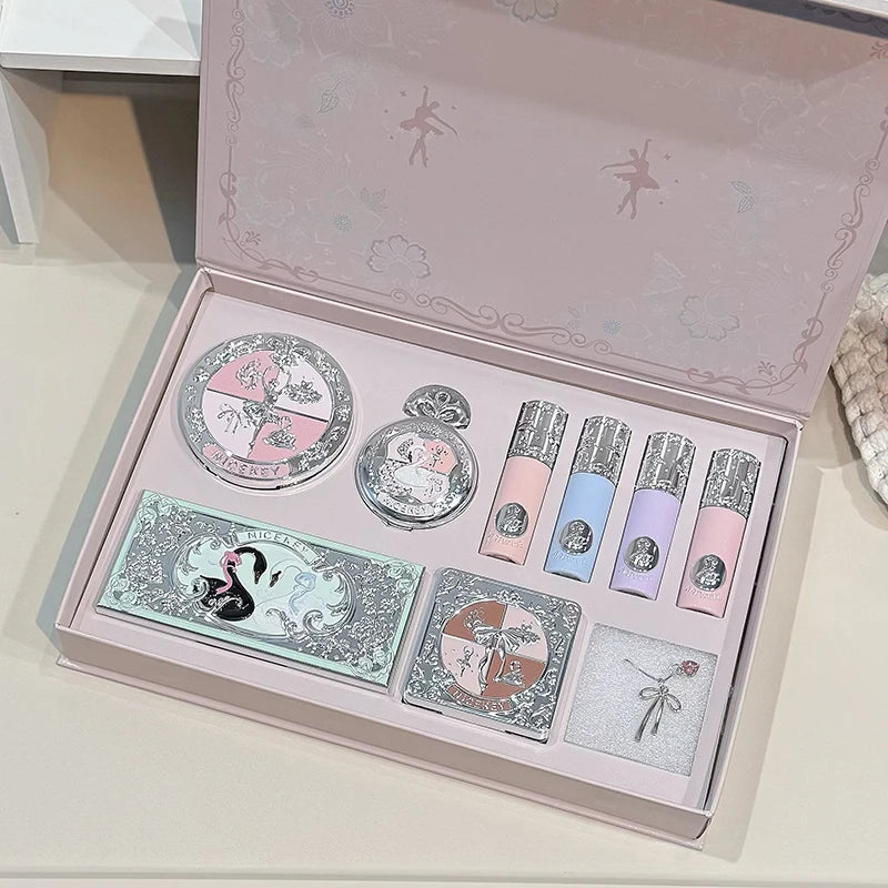 NICEKEY Pink Ballet Makeup Sets Include 4 Lip Mud,1 Blush,1 Pressed Powder,1 Eyes Palette,1 Contour Palette With Necklace Gift
