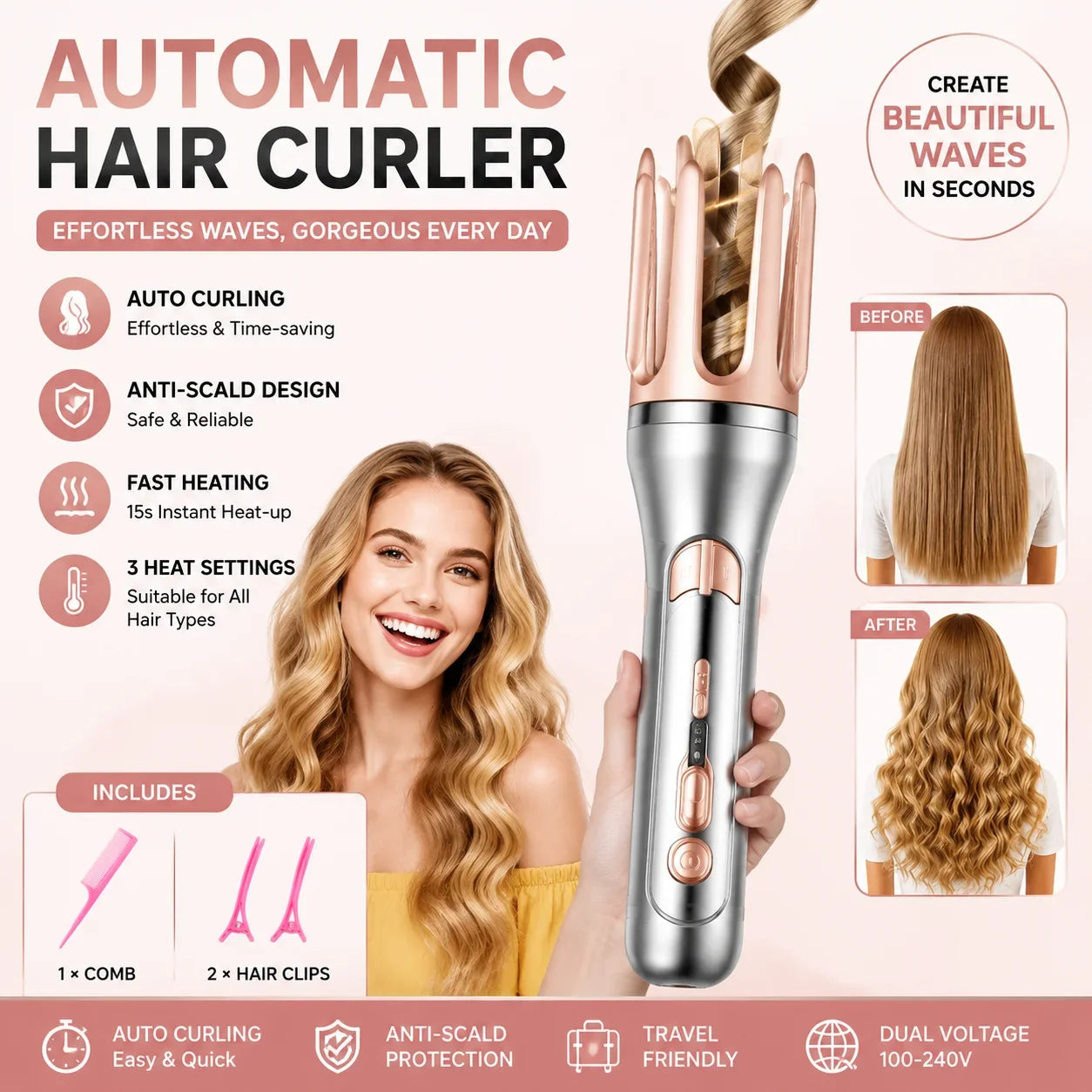 Automatic Curling Iron 32mm Ceramic Hair Curler Negative Ion Rotating Curling Wand Anti Tangle Hair Styling Tool