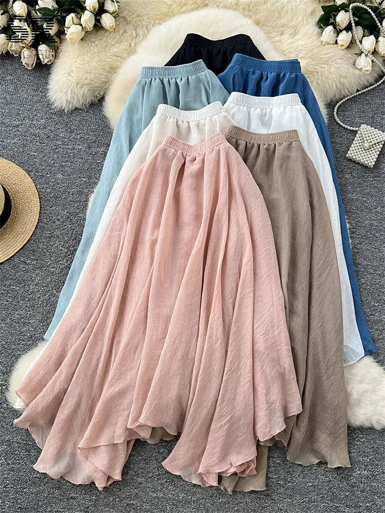 SINGREINY Summer Gentle Skirt Women Irregular Temperament Elastic Waist Ladies Fashion A Line Classic Versatile Senior Skirts