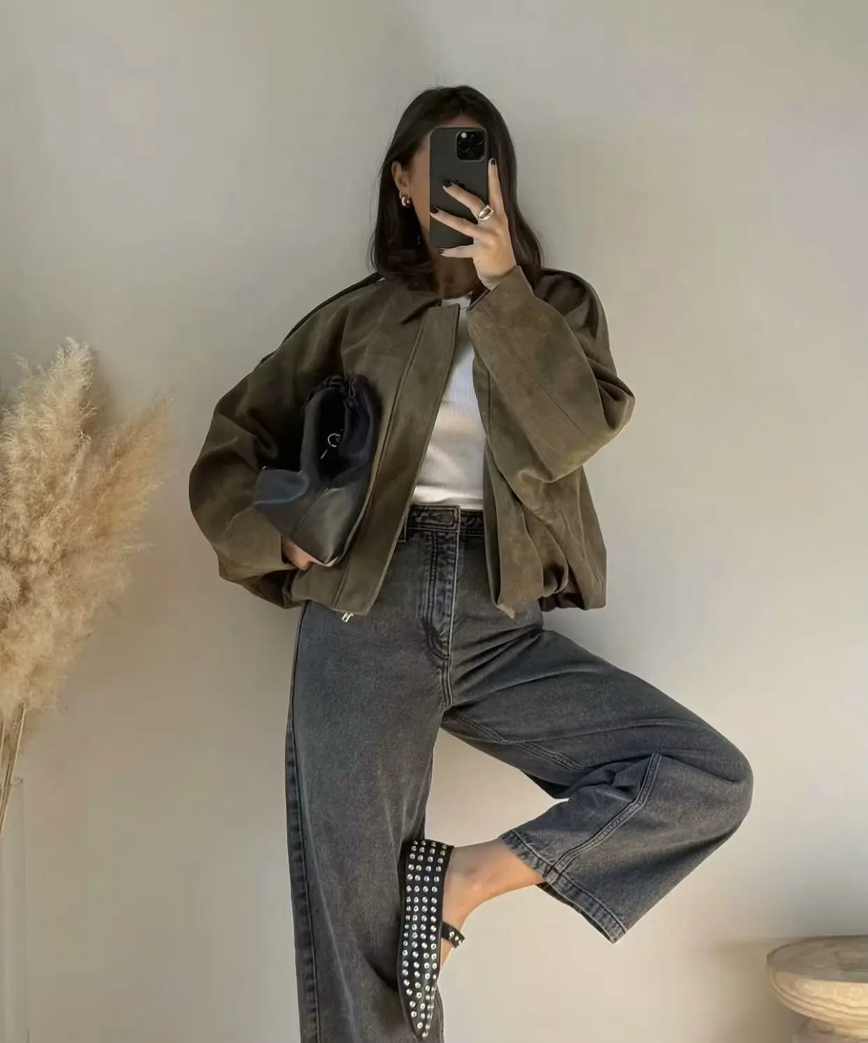 Women Bomber Jackets Suede Texture Coats Fashion Turn-down Collar Long Sleeve Loose Vintage Female Outerwear Chic Top Streetwear