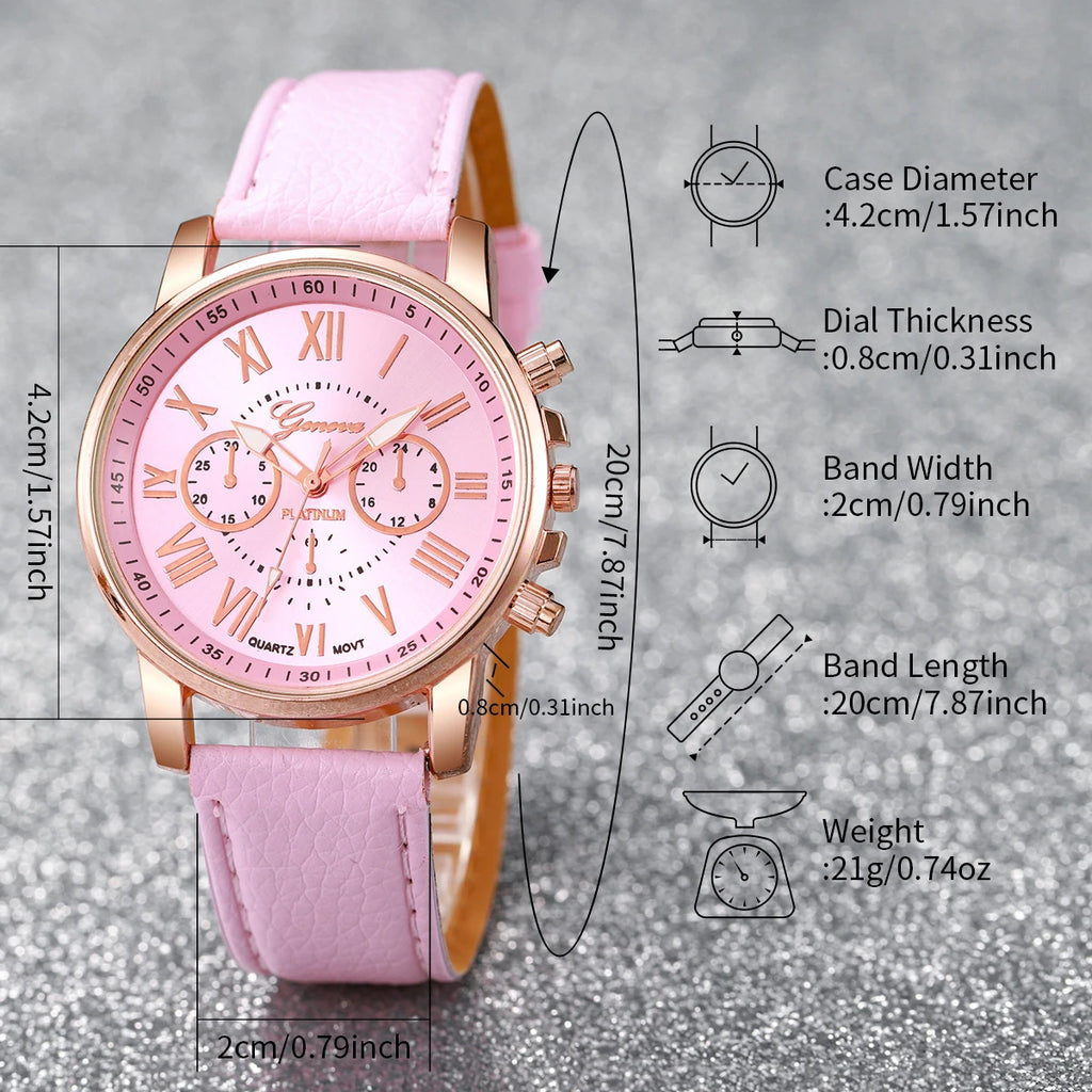 6PCS/Set Fashion Women Watches Simple Roma Dial Leather Band Ladies Quartz Watch Relogio Feminino Jewelry Set（Without Box）