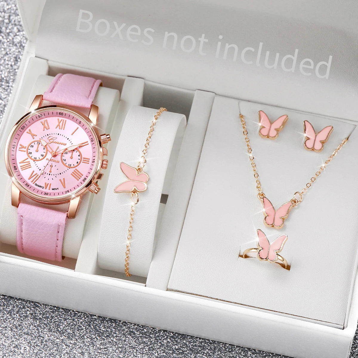 6PCS/Set Fashion Women Watches Simple Roma Dial Leather Band Ladies Quartz Watch Relogio Feminino Jewelry Set（Without Box）
