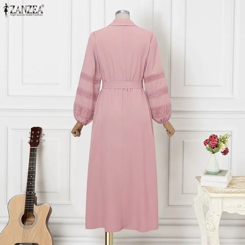 ZANZEA Fashion Women Dress Lace Patchwork A-line Long Maxi Dresses Solid Streetwear Belt Vestidos Turn-down Collar OL Sundress