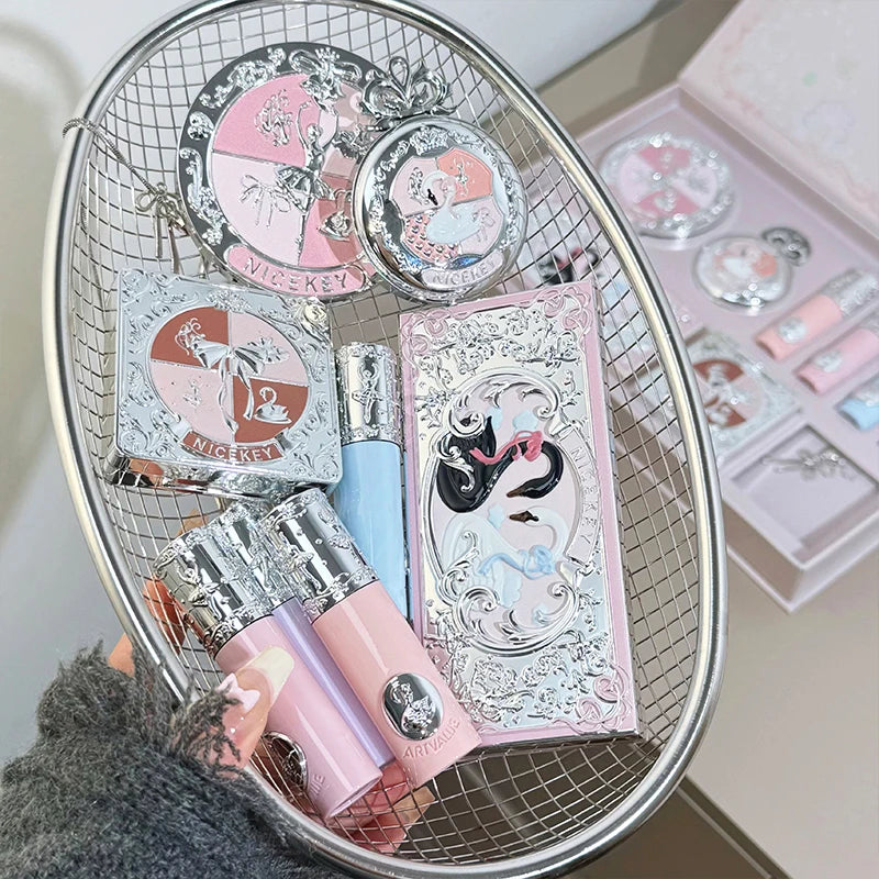 NICEKEY Pink Ballet Makeup Sets Include 4 Lip Mud,1 Blush,1 Pressed Powder,1 Eyes Palette,1 Contour Palette With Necklace Gift