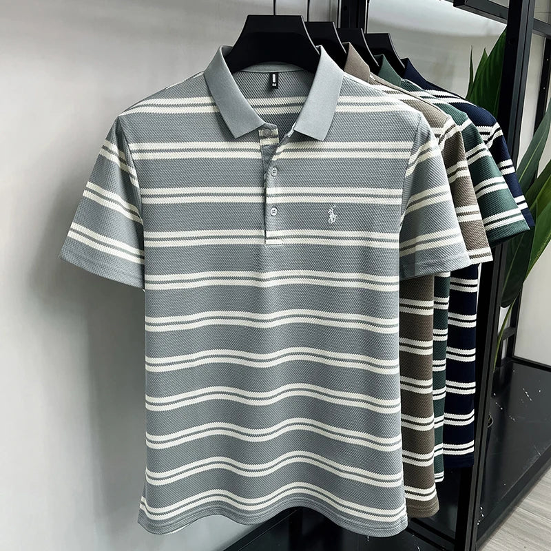 High End Luxury Men's Pure Cotton Short Sleeved Polo Shirt Summer New Embroidered Striped T-shirt Business Casual Breathable Top
