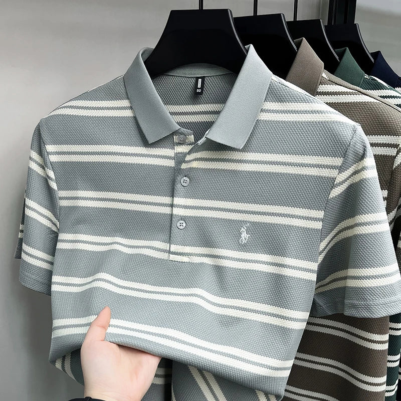 High End Luxury Men's Pure Cotton Short Sleeved Polo Shirt Summer New Embroidered Striped T-shirt Business Casual Breathable Top