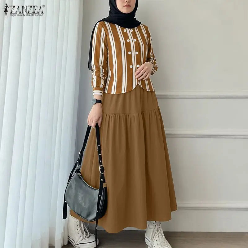 ZANZEA Muslim Islamic Women's 2 Piece Matching Sets Striped O-Neck Shirt & A-Line Maxi Skirt Suits Hijabis Modest Casual Outfits