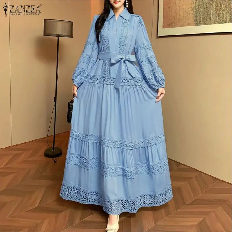 ZANZEA Fashion Women Dress Lace Patchwork A-line Long Maxi Dresses Solid Streetwear Belt Vestidos Turn-down Collar OL Sundress