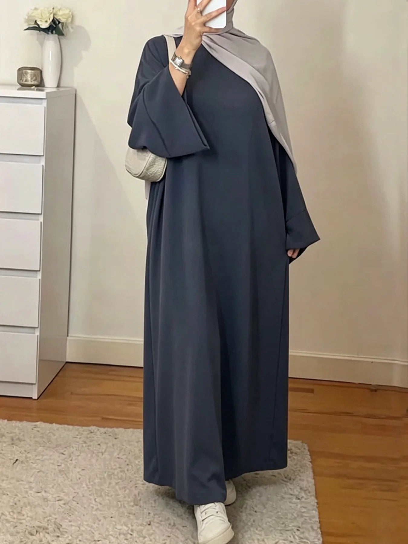 Muslim Abaya Dress for Women Solid Color Loose Long Sleeve Maxi Dress Casual Islamic Kaftan Modest Prayer Robe